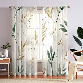 Elegant Bow Floral Print Sheer Window Curtains, Flower Plant Leaf Pattern Voile Drapes for Bedroom Living Room, Light Filtering thumbnail 2