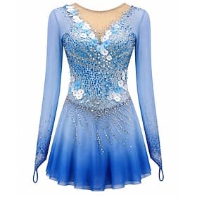 Robe de patinage artistique Femmes Patinage Robe Bleu Patchwork Trou de pouce Élastique Entraînement Compétition Tenue de Patinage Classique cristal pailleté m