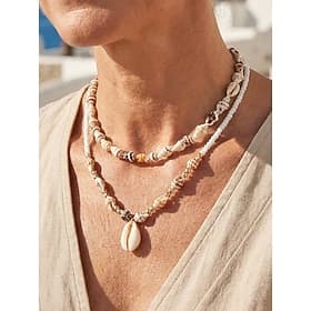 Women's Layered Natural Shell Necklace Set, Double Strand Beach Jewelry, Handmade Seashell Beaded Necklace, Coastal Boho Resort Vacation Accessories for Summer