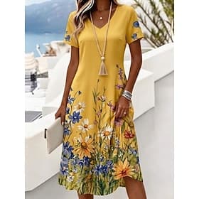 Femmes Robe maxi Robe T-Shirt Robe trapèze Vacances Occasionnel Plage Coupe régulière Fleuri Graphique Manche Courte Col en V Bleu Blanche Jaune Rose Claire Ét