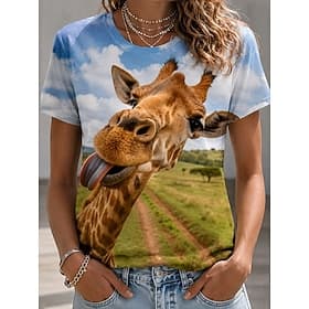 Femmes T-shirt Bloc de Couleur Imprimé Graphique Animal ancien Élégant Classique Manche Courte Col ras du cou Hauts Réguliers Occasionnel Quotidien Bleu Marron