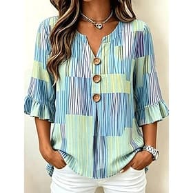 Women's Blouse Buttons Print Floral Graphic Vintage Stylish 3/4 Length Sleeve Crew Neck Regular Tops Casual Daily Going out Blue Green Summer Spring thumbnail 2
