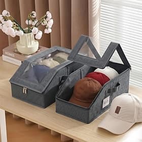 Stackable Hat Organizer for Closet with Clear Window Lid, 1/2 Pack Hat Storage Box Holds Up to 28 Caps, Durable Snap-On Cap Holder Container, Space Saving Base