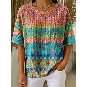 Women's Waffle T-shirt Textured Knit Tops Graphic Geometric Striped Stylish Classic Short Sleeve Crew Neck Regular Tops Casual Daily Blue Light Purple Orange S