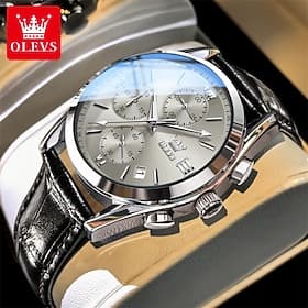 Montre de luxe pour homme Olevs, bracelet en cuir noir, chronographe étanche, lumineuse, analogique, à quartz, avec date, montre habillée et élégante, idéale c