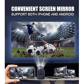 Projecteur intelligent avec 2 microphones sans fil, projecteur de films portable Wi-Fi/Bluetooth, duplication d'écran pour iPhone et Android, rotation à 180°,