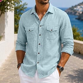 Men Shirt Linen Shirt Summer Shirt Beach Wear Button Up Shirt Solid Color Casual Vacation Blue Pink Navy Blue Khaki Long Sleeve Shirt Collar Summer Spring Clot
