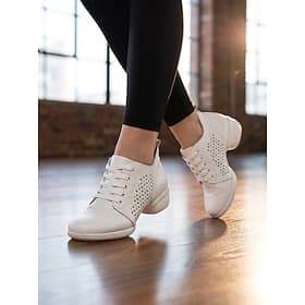 Women's White Breathable Leather Jazz Dance Sneakers - Lace-Up Practice Shoes with Flexible Sole for Contemporary Dance, Studio Training, Teaching and Performa