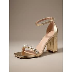 Women's Gold Metallic Heeled Sandals - Rhinestone Square Toe Block Heels for Evening Party  Cocktail Dress Shoes