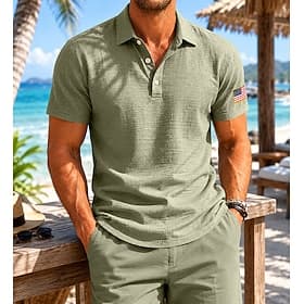 Homme Chemises en lin Polo Occasionnel Vacances Col Rabattu Manche Courte Vacances Loisir Drapeau Américain Boutons Refroidissement Été Bleu Blanche Noir bleu