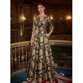 Ligne A Longueur au sol Robe de Cérémonie Robe de Soirée Élégant Floral Manche 3/4 Col en V Mariage Formel Poche Motif Brillant Jacquard avec Plis
