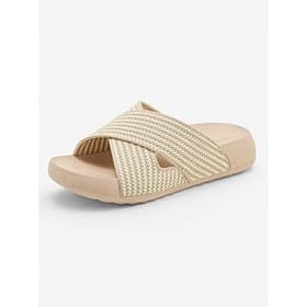 Women's Khaki Arch Support Slide Sandals – Lightweight Wide Fit Cushioned Recovery Slides with Cross Band Upper, Thick Soft Sole for Home, Beach Vacation, Trav