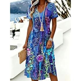 Women's Knee Length Dress T Shirt Dress Tee Dress A Line Dress Vacation Casual Boho Beach Regular Fit Floral Graphic Short Sleeve V Neck Blue White Purple Summ