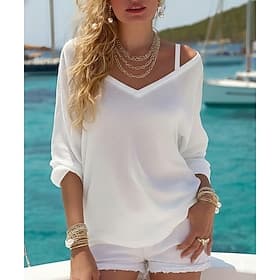 Women's Cold Shoulder Tops Summer Tops Plain Fashion Classic Casual Long Sleeve V Neck Regular Tops Casual Summer Blue White Pink Sky Blue Purple Summer Spring
