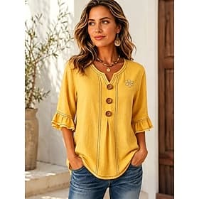 Femmes Chemisier Boutons Imprimé Graphique Géométrique ancien Élégant Manche 3/4 Col en V Hauts Réguliers Occasionnel Quotidien Fête Jaune Rose Claire Beige Ét