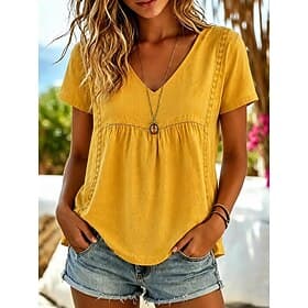 Women's Shirt Solid Color Plain Bohemia Vacation Vintage Sleeveless V Neck Regular Tops Casual Blue White Yellow Pink Summer Spring