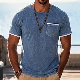 Men's T Shirt 100% Cotton Acid Wash Shirt Tee Top Short Sleeve Crew Neck Summer Spring Fall Plain Retro Vintage Casual Vintage Style Distressed Casual Blue Gra
