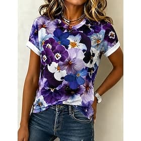 Femmes T-shirt Imprimé Fleuri Graphique Plantes ancien Élégant Classique Manche Courte Col ras du cou Hauts Réguliers Occasionnel Quotidien Week-end Violet Été