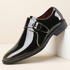 Chaussures habillées pour homme, modèle à boucle en cuir verni noir, bout pointu, élégantes pour mariage, bureau ou soirée.