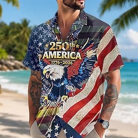4 juillet 2026, 250e anniversaire Homme Aigle Drapeau Américain Chemise Chemise d'été Chemise Boutonnée Manche Courte Patriotique Extérieur Festival Été Printe thumbnail 3