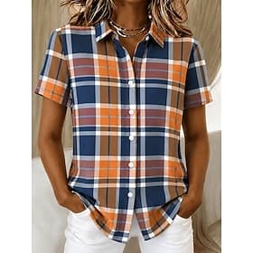 Femmes Chemise Graphique Plaid ancien Élégant Occasionnel Manche Courte Col de chemise Hauts Réguliers Occasionnel Quotidien Orange Été Printemps