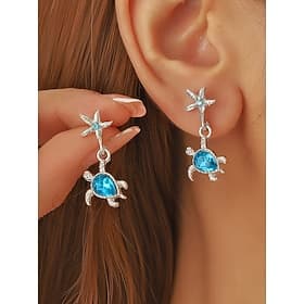 Women's Sea Turtle Drop Earrings Silver Alloy Starfish Dangle Earrings with Blue Crystal Ocean Beach Jewelry for Vacation Cruise Resort Summer Party Coastal We