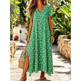 Femmes Robe Midi Robe fourreau Occasionnel Coupe Ample Fleuri Graphique Manche Courte Col en V Bleu Rouge Violet Vert Été Printemps