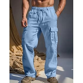 Herren Leinenhosen Hose Sommerhose Mehrere Taschen Gerader Schnitt Einfach Komfort Atmungsaktiv Volle Länge Lässig Täglich Outdoor Mode Streetwear Blau Khaki