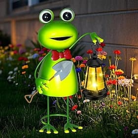 Statue de grenouille solaire pour jardin avec lanterne, grenouille en métal de 35 cm (13,8 pouces) avec pelle Lampe solaire étanche en forme de grenouille vert