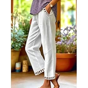 Women's Straight Elegant Fashion Full Length Medium Waist Solid Color Lace Breathable Inelastic Casual Vacation White Summer Spring Loose Fit