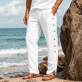 Men's Linen Pants Trousers Summer Pants Drawstring Elastic Waist Side Button Plain Comfort Breathable Full Length Casual Daily Beach Fashion Classic Style Whit