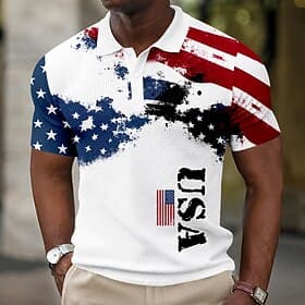 4th of July 2026 250th Men's American US Flag Waffle Polo Shirts Short Sleeve Polo Shirts Collared Shirts Casual Athleisure Daily Wear Festival Outfit 3D Print