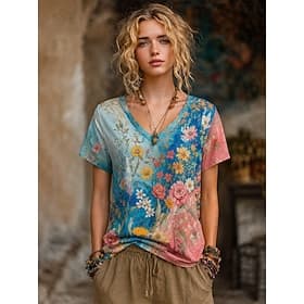 Femmes T-shirt bohème Hauts d'été Fleuri Graphique Plantes Élégant Bohème ancien Manche Courte Col en V Hauts Réguliers Occasionnel Quotidien Sports Bleu Rose