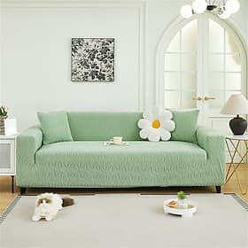 1-Piece Carved Plush Jade Leaf Sofa Cover, Thickened Elastic Couch Slipcover, Minimalist Pet Stain-Resistant Furniture Protector