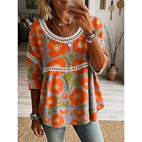 Femmes Chemise Haut à œillets Tunique Imprimé Fleuri Graphique ancien Quotidien Élégant Manche 3/4 Col ras du cou Hauts Réguliers Occasionnel Quotidien Bleu Ka