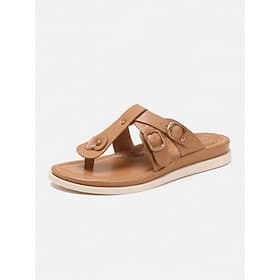 Women's Brown Double Buckle Comfort Flip Flops – Adjustable Toe Post Sandals with Arch Support, Cushioned Footbed for Beach Vacation, Resort Travel, Walking an