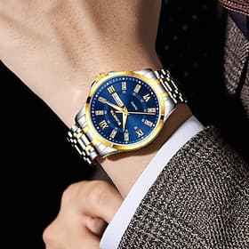 Montre homme Sunkta de luxe, style business, quartz, étanche, jour et date, bicolore argent et or, acier inoxydable, cadran bleu, chiffres romains, diamants, m