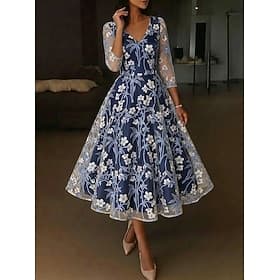 A-Line Tea Length Cocktail Dresses Elegant Vintage Floral 3/4 Length Sleeve V Neck Garden Party Wedding Satin Tulle with Embroidered Flower Pleats Embroidery