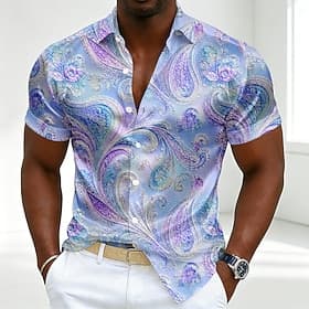 Men's Paisley Gradient Ramp Abstract Liquid Art Shirt Satin Shirt Dress Shirt Short Sleeve Vintage Daily Vacation Summer Spring Turndown Collared Shirts 3D Pri