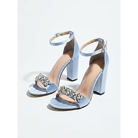 Women's Sparkly Light Blue Satin Sandals - Elegant Crystal Rhinestone Block High Heels with Ankle Strap for Cocktail Party, Evening Dinner  Wedding Guest