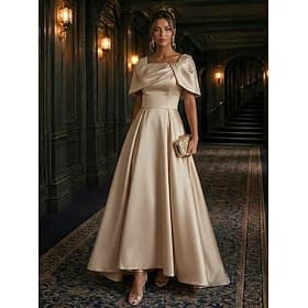 A-Line Asymmetrical Evening Gown Elegant Glittering Mother Of The Bride Short Sleeve Square Neck Wedding Formal Satin Cowl Back with Pleats Crystals Beading