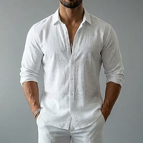 Men Shirt Linen Shirt Summer Shirt Beach Wear Button Up Shirt Plain Casual Daily Blue White Black Pink Long Sleeve Collar Spring  Summer Summer Clothing Appare