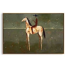 Tableau minimaliste peint à la main représentant un cavalier, art équestre rustique bohème sur toile, décoration murale style western