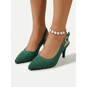 omen's Comfortable Emerald Green Knitted Slingback Pumps - Breathable Mesh Pointed Toe Kitten Heels with Adjustable Strap for Casual Daily Wear  Office Work