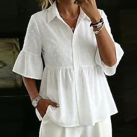 Femmes Chemise Bohème Jacquard Texture A Volants ancien Demi Manches Col de chemise Occasionnel Blanche Noir Printemps