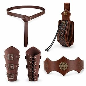 Set Rétro Vintage Médiéval Renaissance Ceinture Taille Bandeau Protège-bras avec accessoires Guerrier Ranger Déguisement Homme Viking Fantaisie Halloween Carna
