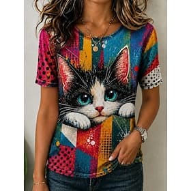 Femmes T-shirt Bloc de Couleur Imprimé Graphique Animal Abstrait ancien Élégant Classique Manche Courte Col ras du cou Hauts Réguliers Occasionnel Quotidien Ro