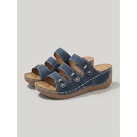 Women's Navy Blue Triple Strap Wedge Sandals – Comfortable Slide Sandals with Metal Design for Summer Walking, Travel  Casual Wear