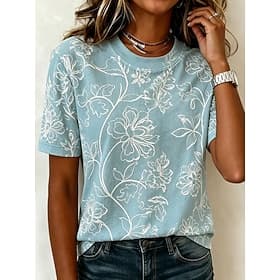 Women's T Shirt Print Floral Graphic Vintage Stylish Casual Short Sleeve Crew Neck Regular Tops Casual Daily Weekend Blue Pink Purple Summer Spring