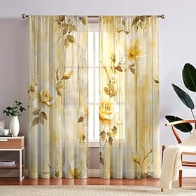 Elegant Bow Floral Print Sheer Window Curtains, Flower Plant Leaf Pattern Voile Drapes for Bedroom Living Room, Light Filtering